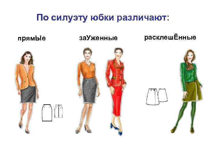 По силуэту юбки различают: прям. Ые за. Уженные расклешЁнные 