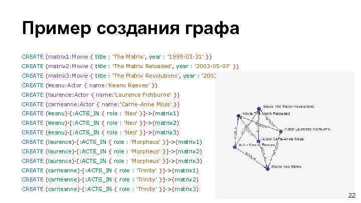 Пример создания графа CREATE (matrix 1: Movie { title : 'The Matrix', year :