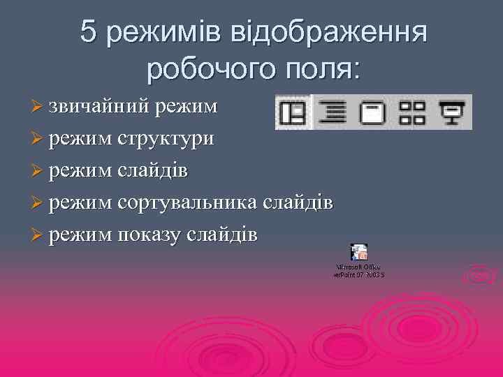 5 режимів відображення робочого поля: Ø звичайний режим Ø режим структури Ø режим слайдів