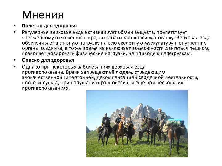 Мнения • • Полезно для здоровья Регулярная верховая езда активизирует обмен веществ, препятствует чрезмерному