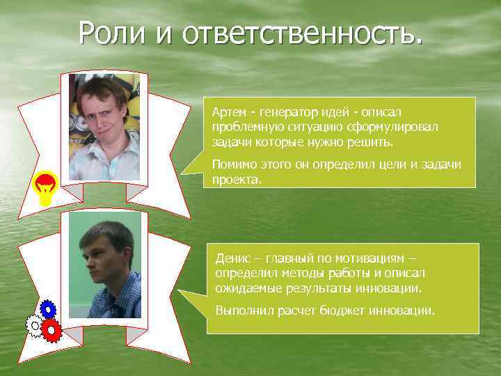 Роли и ответственность. Артем - генератор идей - описал проблемную ситуацию сформулировал задачи которые