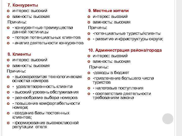 7. Конкуренты интерес: высокий важность: высокая Причины: - конкурентные преимущества данной гостиницы - потеря