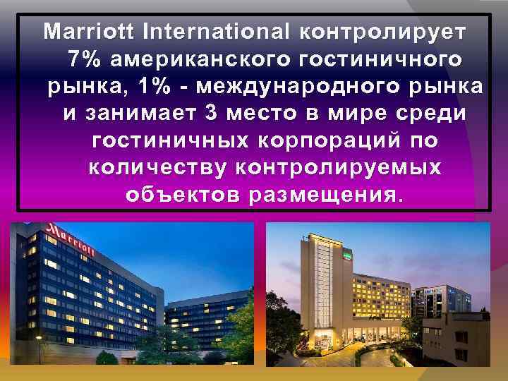 Marriott International контролирует 7% американского гостиничного рынка, 1% - международного рынка и занимает 3