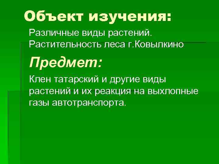 Объект изучения: Различные виды растений. Растительность леса г. Ковылкино Предмет: Клен татарский и другие