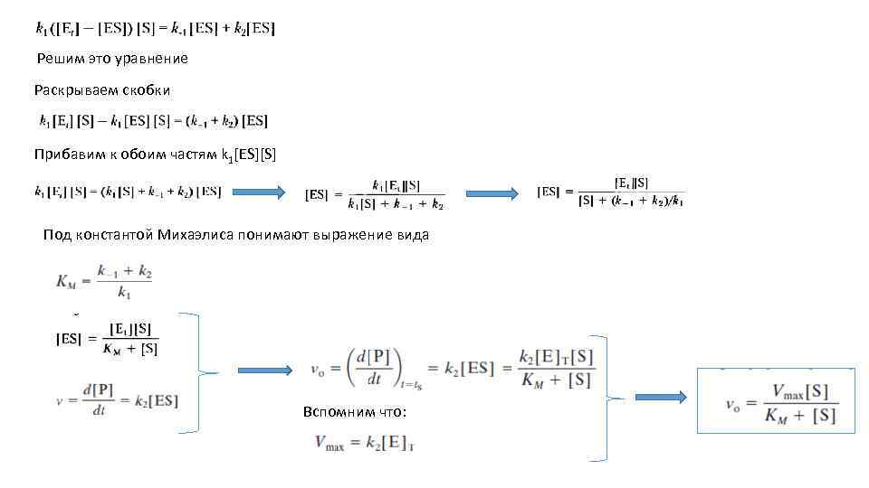 Решим это уравнение Раскрываем скобки Прибавим к обоим частям k 1[ES][S] Под константой Михаэлиса