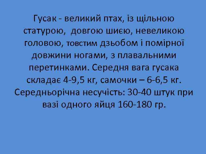 Гусак - великий птах, із щільною статурою, довгою шиєю, невеликою головою, товстим дзьобом і