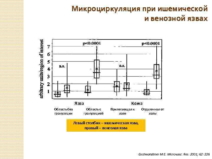 Микроциркуляция при ишемической и венозной язвах Язва Область без грануляции Область с грануляцией Кожа
