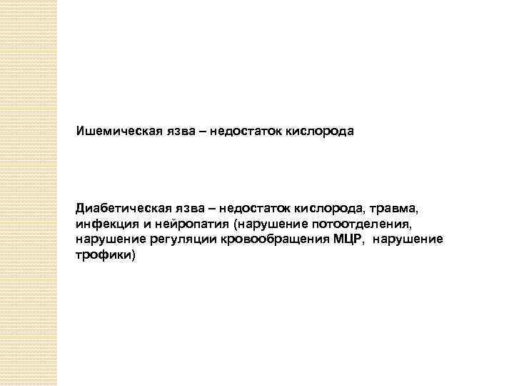 Ишемическая язва – недостаток кислорода Диабетическая язва – недостаток кислорода, травма, инфекция и нейропатия