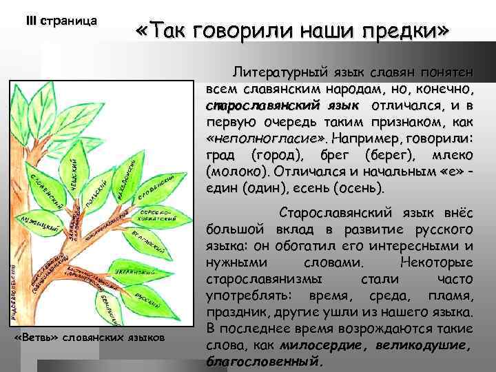 III страница «Так говорили наши предки» Литературный язык славян понятен всем славянским народам, но,