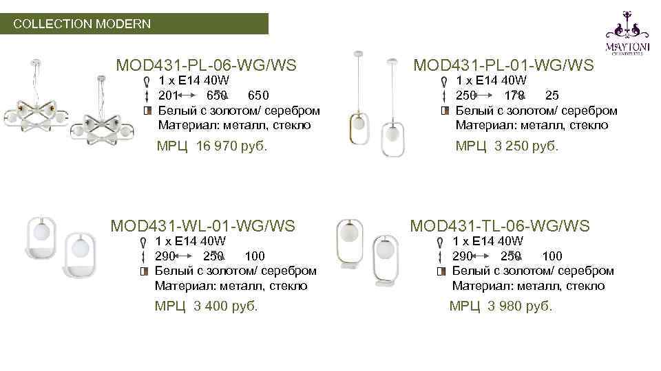 COLLECTION MODERN MOD 431 -PL-06 -WG/WS 1 х E 14 40 W 201 650