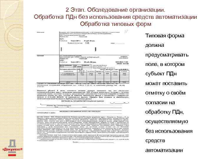2 Этап. Обследование организации. Обработка ПДн без использования средств автоматизации Обработка типовых форм Типовая
