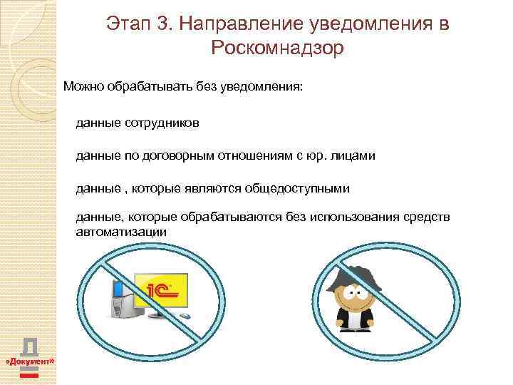 Этап 3. Направление уведомления в Роскомнадзор Можно обрабатывать без уведомления: данные сотрудников данные по