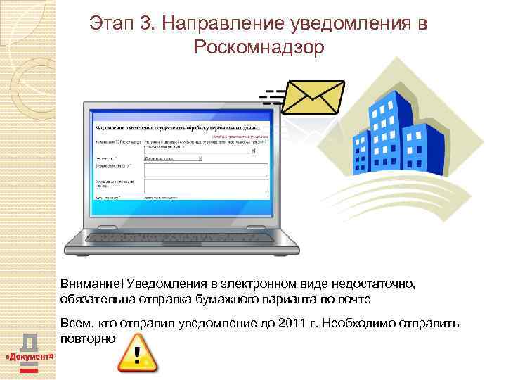 Этап 3. Направление уведомления в Роскомнадзор Внимание! Уведомления в электронном виде недостаточно, обязательна отправка