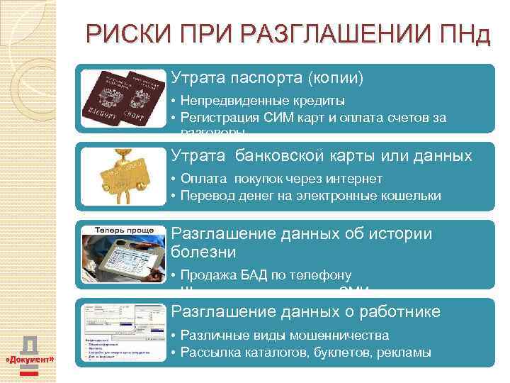 РИСКИ ПРИ РАЗГЛАШЕНИИ ПНд Утрата паспорта (копии) • Непредвиденные кредиты • Регистрация СИМ карт