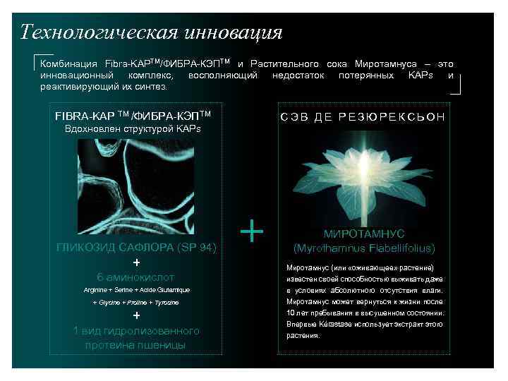 Технологическая инновация Комбинация Fibra-KAPTM/ФИБРА-КЭПТМ и Растительного сока Миротамнуса – это инновационный комплекс, восполняющий недостаток