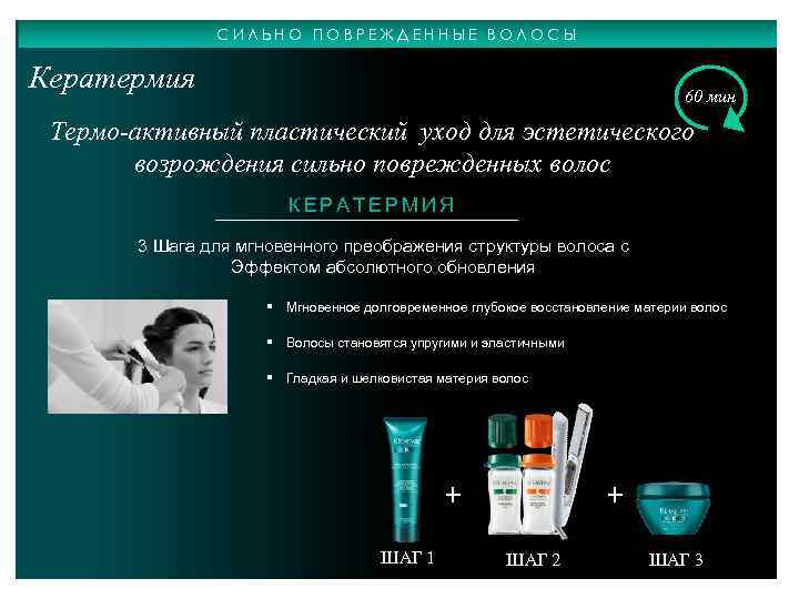 СИЛЬНО ПОВРЕЖДЕННЫЕ ВОЛОСЫ Кератермия 60 мин Термо-активный пластический уход для эстетического возрождения сильно поврежденных