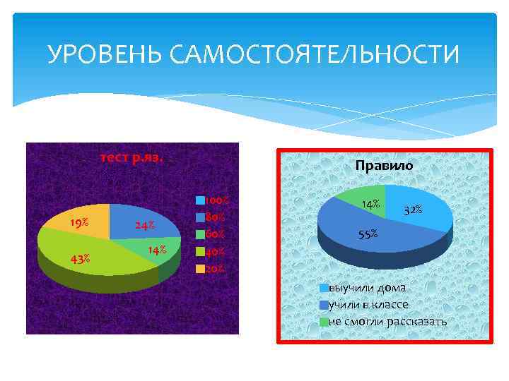 УРОВЕНЬ САМОСТОЯТЕЛЬНОСТИ тест р. яз. 19% 43% 24% 14% Правило 100% 80% 60% 40%