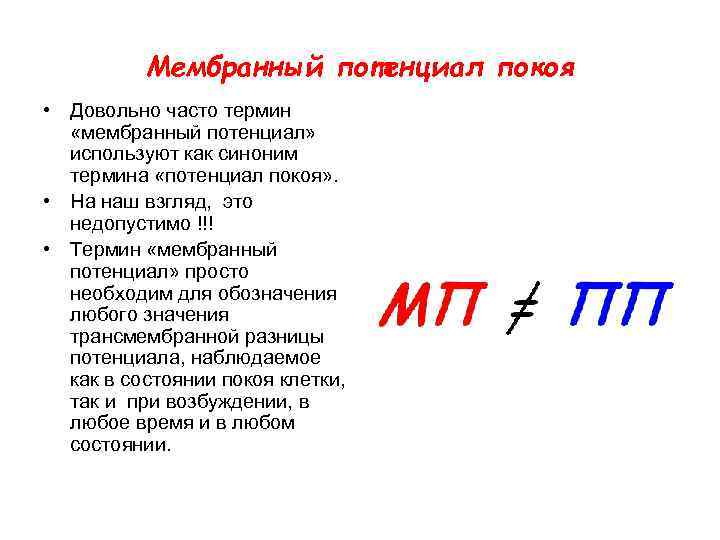 Мембранный потенциал покоя • Довольно часто термин «мембранный потенциал» используют как синоним термина «потенциал