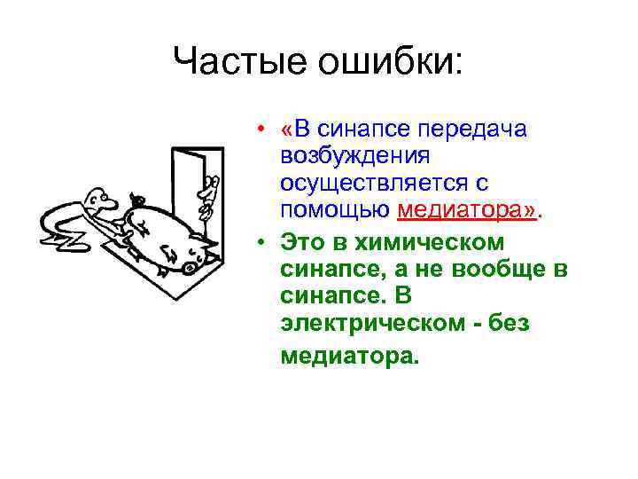 Частые ошибки: • «В синапсе передача возбуждения осуществляется с помощью медиатора» . • Это