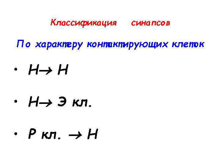 Классификация синапсов По характеру контактирующих клеток • Н Н • Н Э кл. •