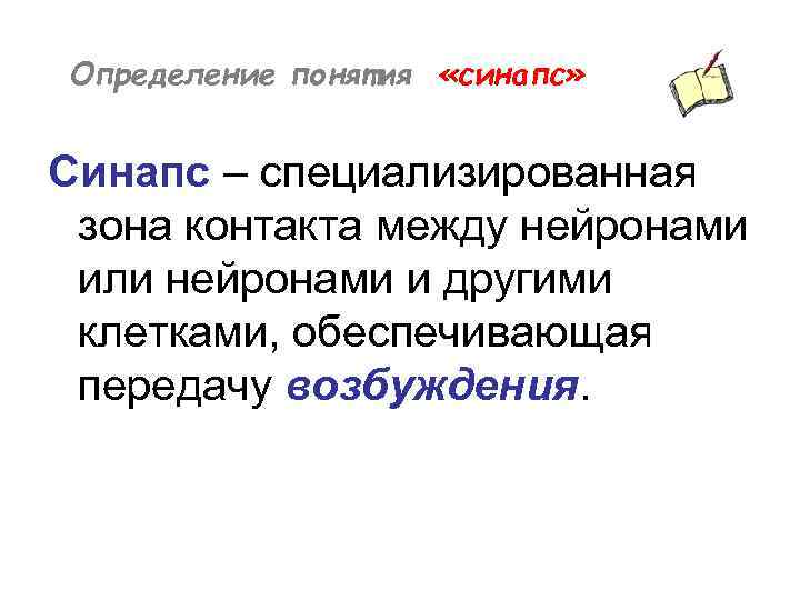 Определение понятия «синапс» Синапс – специализированная зона контакта между нейронами или нейронами и другими