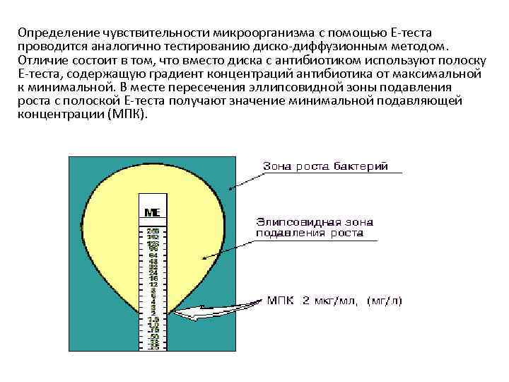 Определение чувствительности микроорганизма с помощью Е-теста проводится аналогично тестированию диско-диффузионным методом. Отличие состоит в