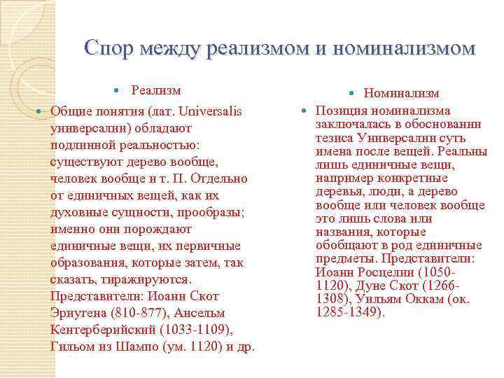 Спор между реализмом и номинализмом Реализм Общие понятия (лат. Universalis универсалии) обладают подлинной реальностью: