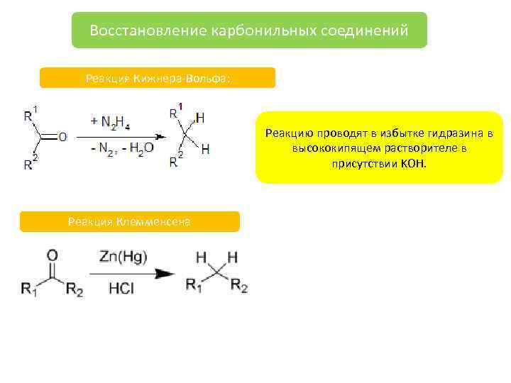 Восстановление карбонильных соединений Реакция Кижнера-Вольфа: Реакцию проводят в избытке гидразина в высококипящем растворителе в