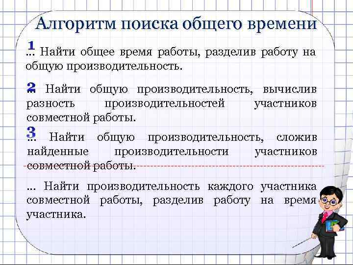 Алгоритм поиска общего времени … Найти общее время работы, разделив работу на общую производительность.