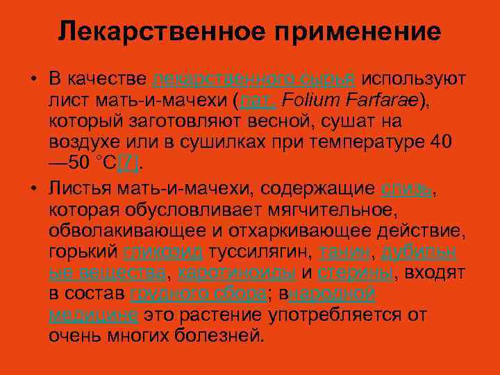 Лекарственное применение • В качестве лекарственного сырья используют лист мать-и-мачехи (лат. Folium Farfarae), который