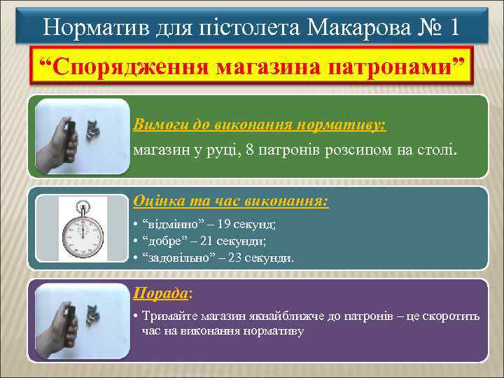 Норматив для пістолета Макарова № 1 “Спорядження магазина патронами” Вимоги до виконання нормативу: магазин