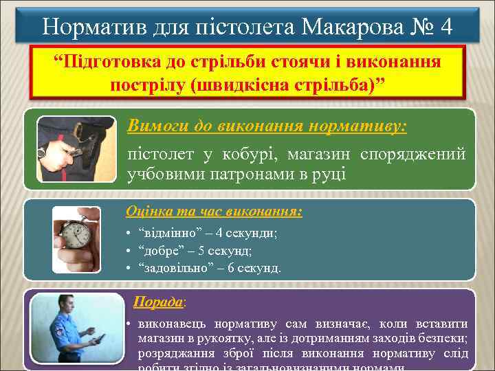 Норматив для пістолета Макарова № 4 “Підготовка до стрільби стоячи і виконання пострілу (швидкісна