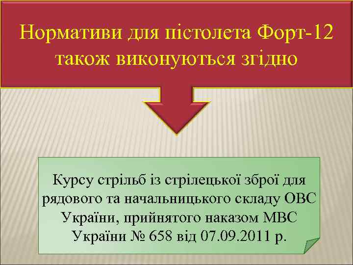 Нормативи для пістолета Форт-12 також виконуються згідно Курсу стрільб із стрілецької зброї для рядового