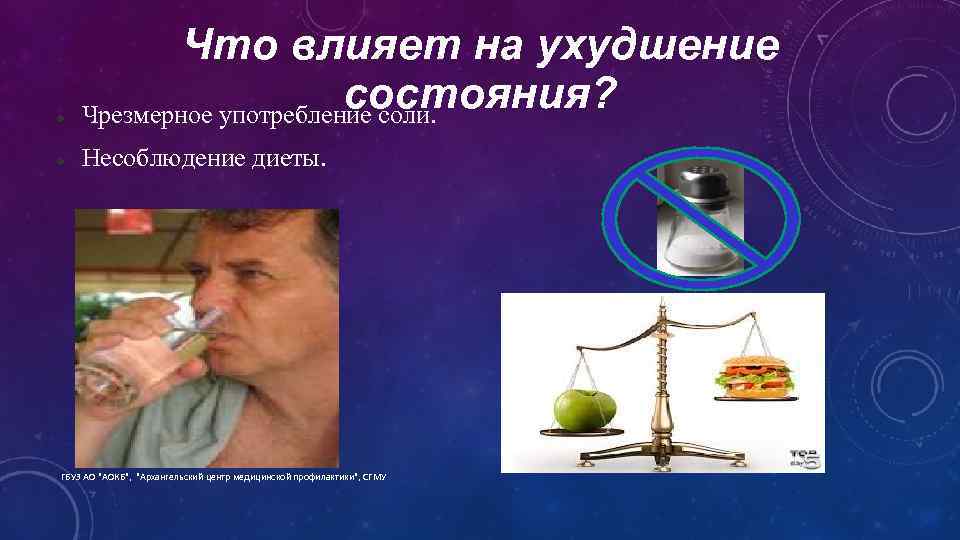  Что влияет на ухудшение состояния? Чрезмерное употребление соли. Несоблюдение диеты. ГБУЗ АО "АОКБ",