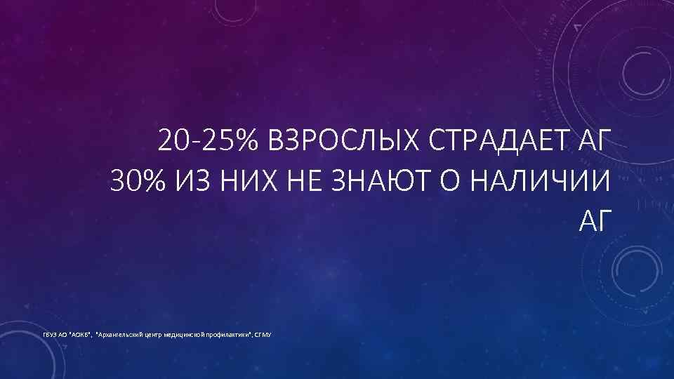 20 -25% ВЗРОСЛЫХ СТРАДАЕТ АГ 30% ИЗ НИХ НЕ ЗНАЮТ О НАЛИЧИИ АГ ГБУЗ