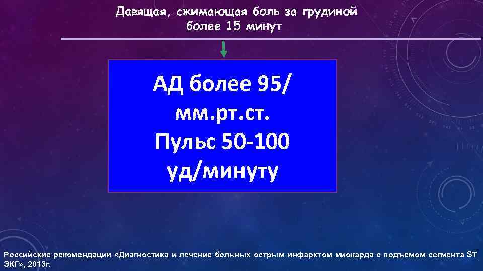 Давящая, сжимающая боль за грудиной более 15 минут АД более 95/ мм. рт. ст.