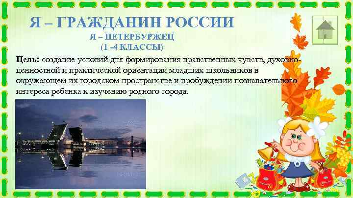 Я – ГРАЖДАНИН РОССИИ Я – ПЕТЕРБУРЖЕЦ (1 -4 КЛАССЫ) Цель: создание условий для