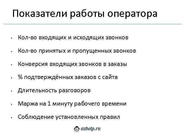 Показатели работы оператора • Кол-во входящих и исходящих звонков • Кол-во принятых и пропущенных