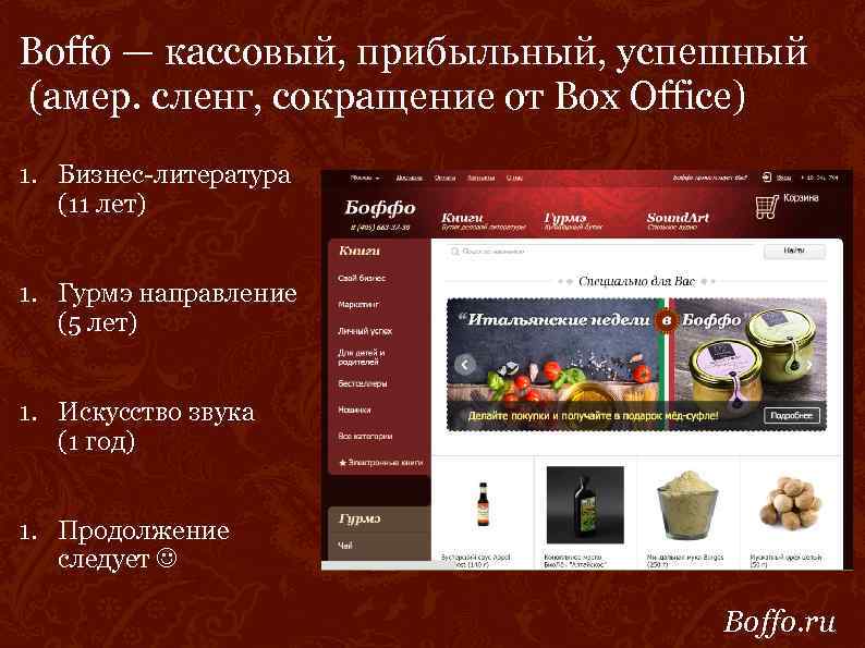 Boffo — кассовый, прибыльный, успешный (амер. сленг, сокращение от Box Office) 1. Бизнес-литература (11