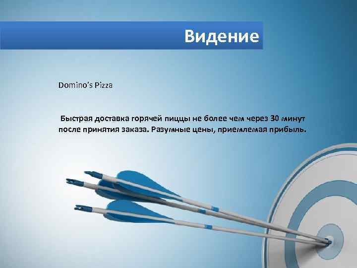 Видение Domino’s Pizza Быстрая доставка горячей пиццы не более чем через 30 минут после