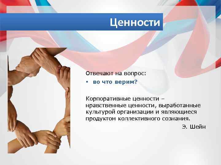 Ценности Отвечают на вопрос: § во что верим? Корпоративные ценности – нравственные ценности, выработанные