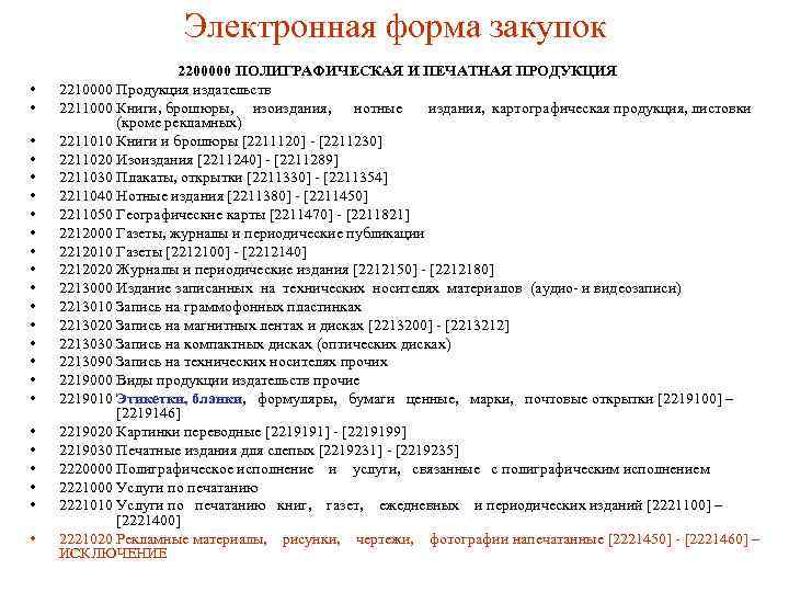 Электронная форма закупок • • • • • • 2200000 ПОЛИГРАФИЧЕСКАЯ И ПЕЧАТНАЯ ПРОДУКЦИЯ