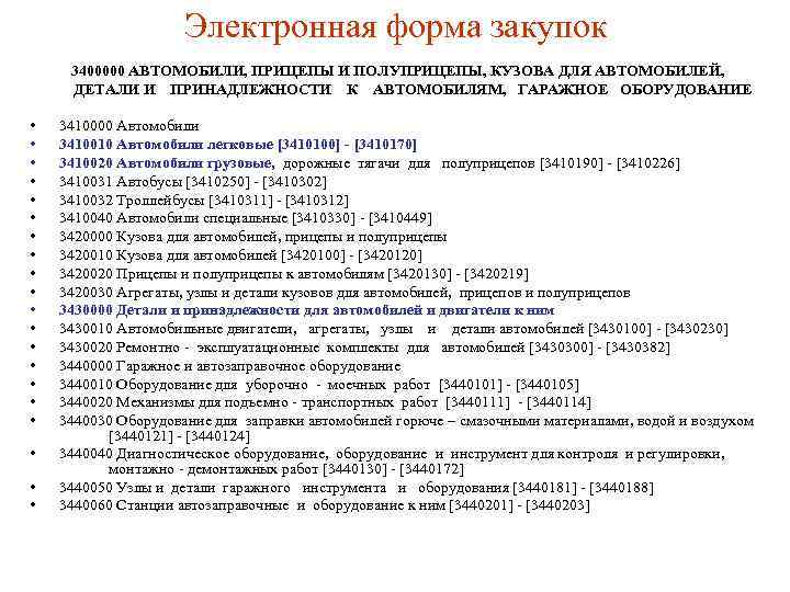 Электронная форма закупок 3400000 АВТОМОБИЛИ, ПРИЦЕПЫ И ПОЛУПРИЦЕПЫ, КУЗОВА ДЛЯ АВТОМОБИЛЕЙ, ДЕТАЛИ И ПРИНАДЛЕЖНОСТИ