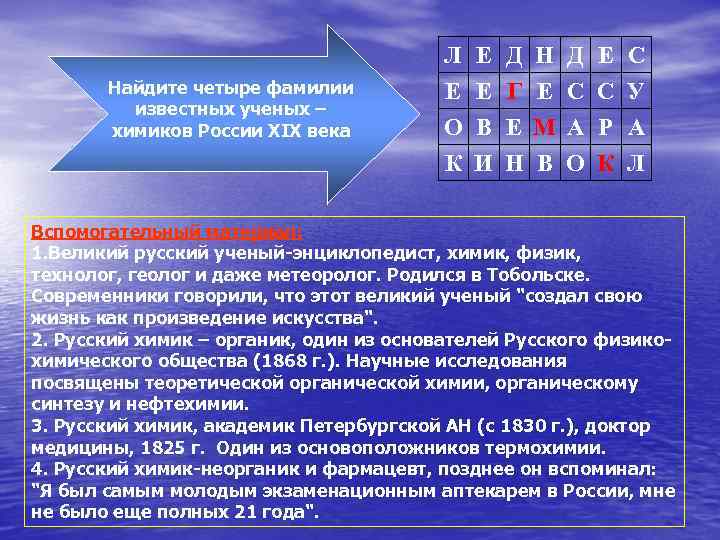 Найдите четыре фамилии известных ученых – химиков России XIX века Л Е О К