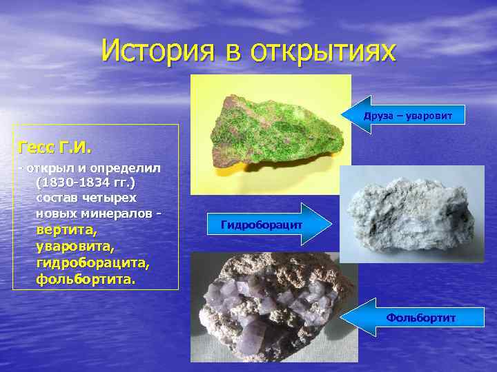 История в открытиях Друза – уваровит Гесс Г. И. - открыл и определил (1830