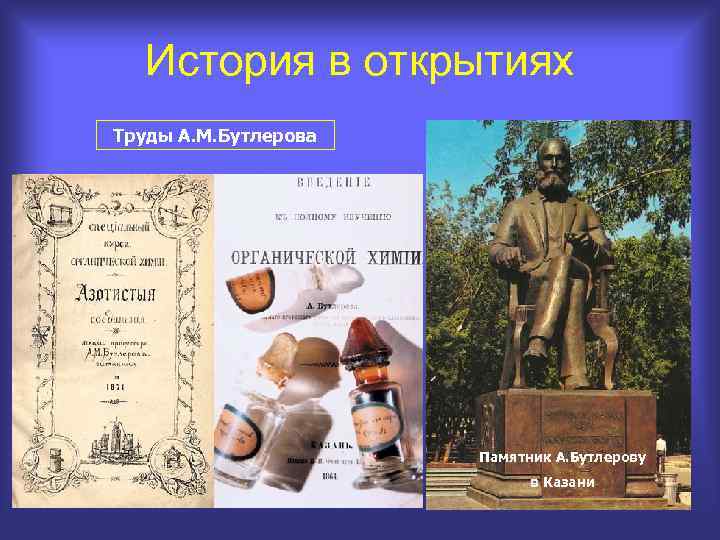 История в открытиях Труды А. М. Бутлерова Памятник А. Бутлерову в Казани 