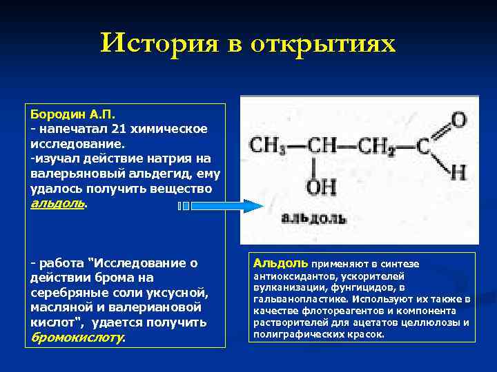 История в открытиях Бородин А. П. - напечатал 21 химическое исследование. -изучал действие натрия