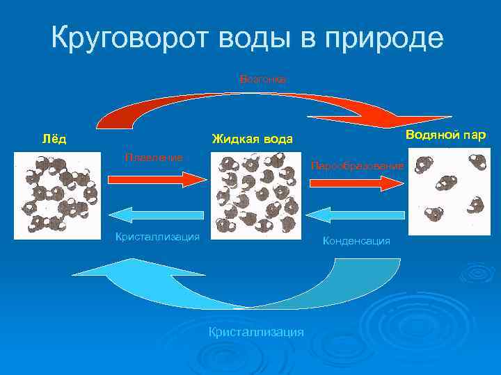 Круговорот воды в природе Возгонка Лёд Водяной пар Жидкая вода Плавление Парообразование Кристаллизация Конденсация
