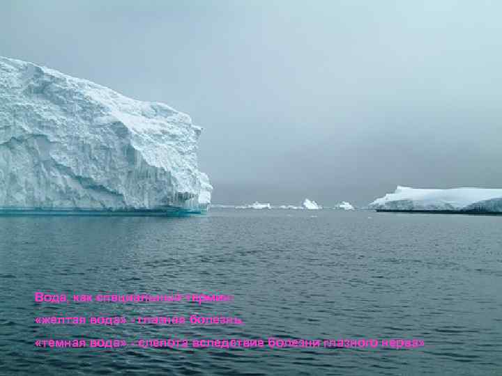 Вода, как специальный термин: «желтая вода» - глазная болезнь, «темная вода» - слепота вследствие