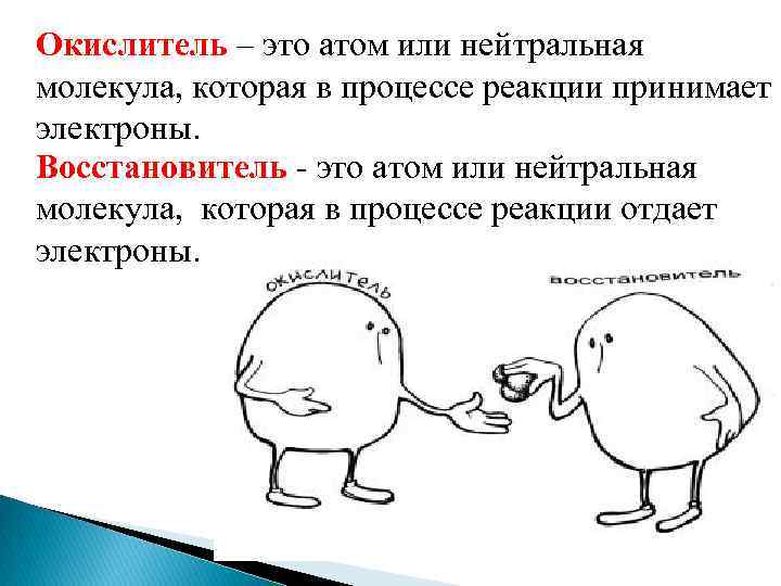 Окислитель – это атом или нейтральная молекула, которая в процессе реакции принимает электроны. Восстановитель